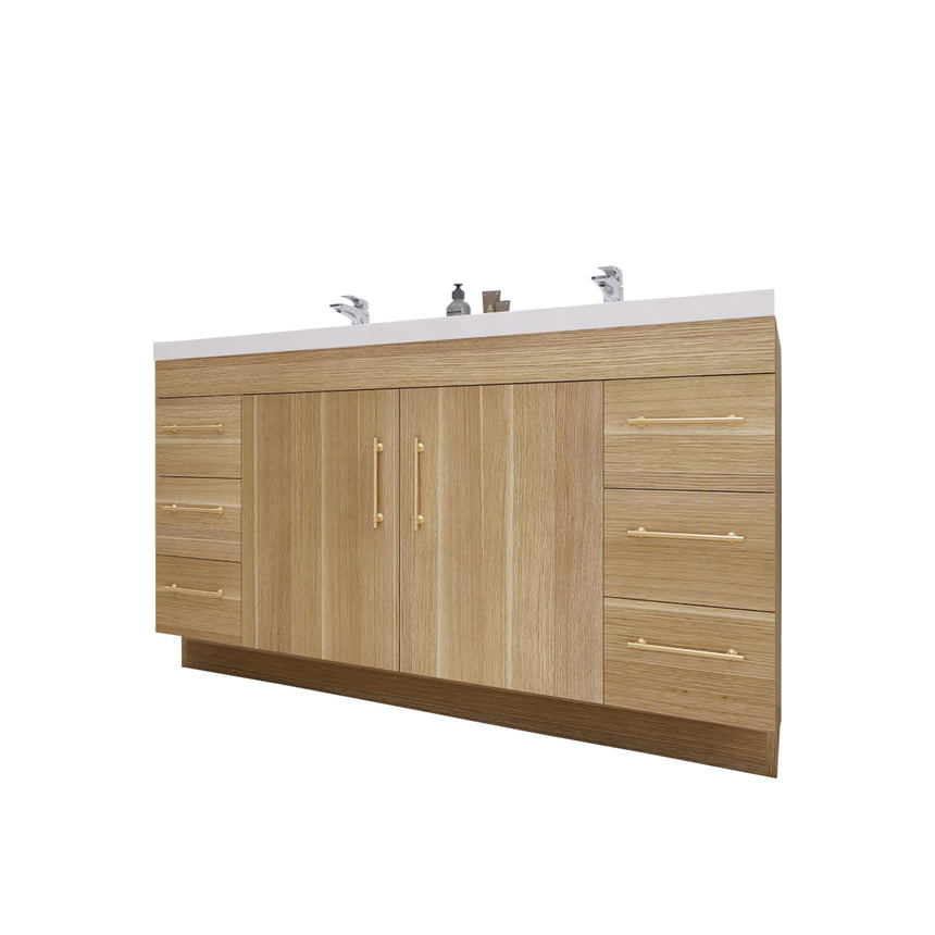 Bathroom with wooden vanity, sink, and decorative elements.