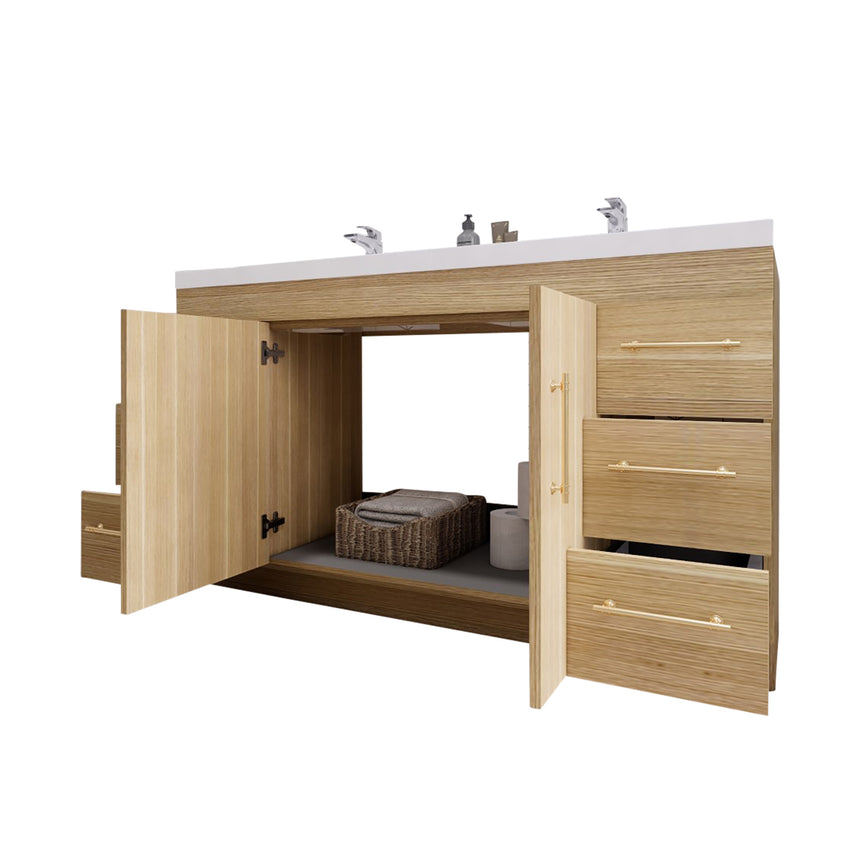 Bathroom with wooden vanity, sink, and decorative elements.