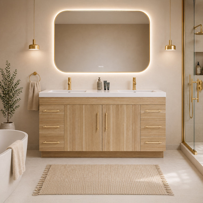 Bathroom with wooden vanity, sink, and decorative elements.