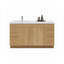 Bathroom vanity with wooden finish, white countertop, and gold handles on a white background
