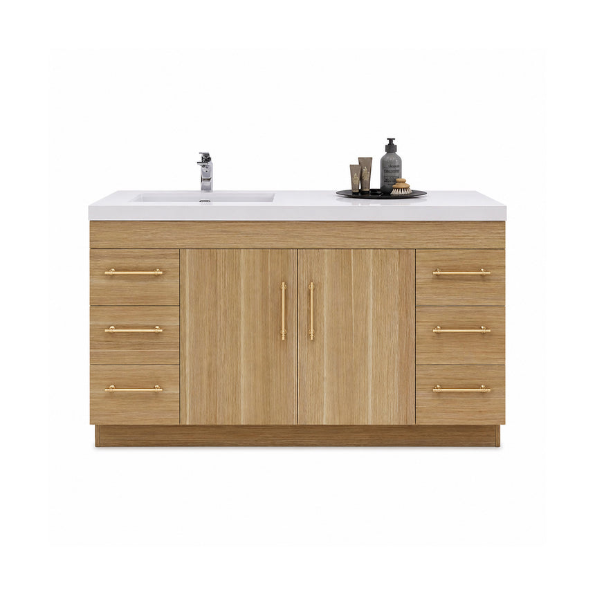 Bathroom with wooden vanity, sink, and decorative elements.