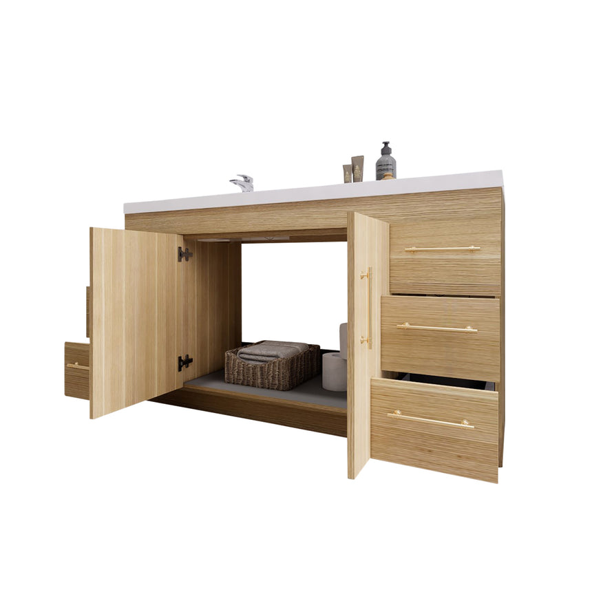 Bathroom with wooden vanity, sink, and decorative elements.