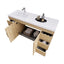Bathroom vanity with open cabinet doors on a white background