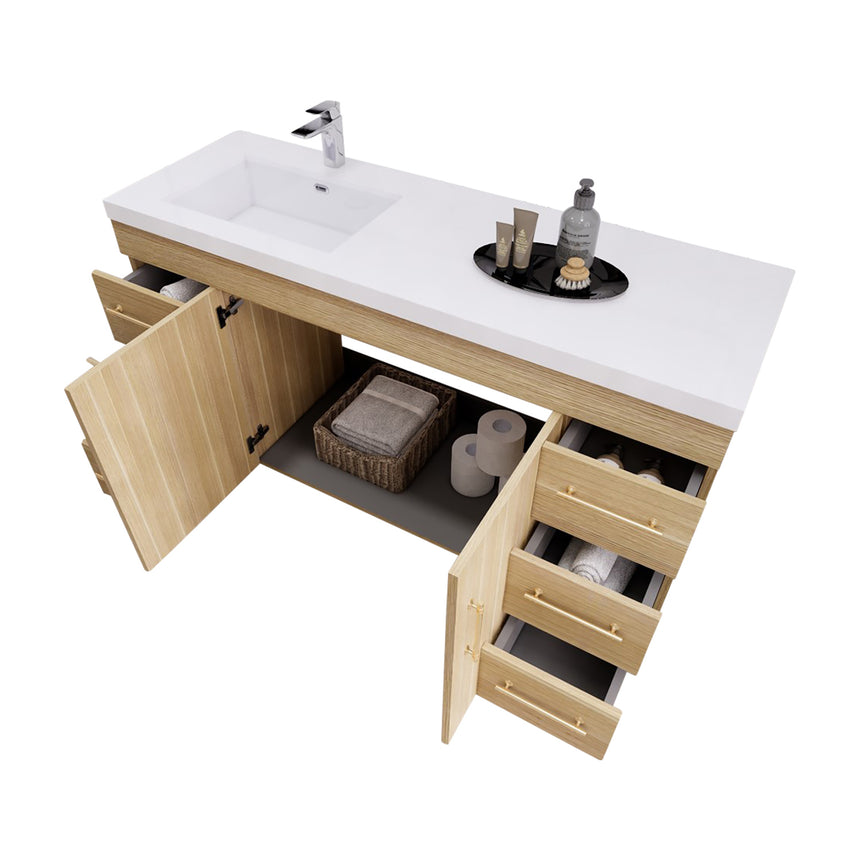 Bathroom with wooden vanity, sink, and decorative elements.