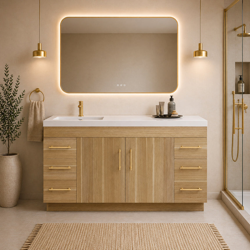 Bathroom with wooden vanity, sink, and decorative elements.