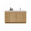 Bathroom vanity with wooden finish and white countertop on a white background