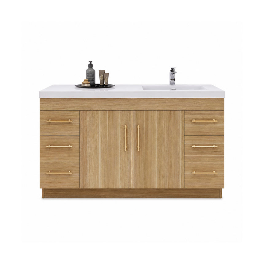 Bathroom with wooden vanity, sink, and decorative elements.