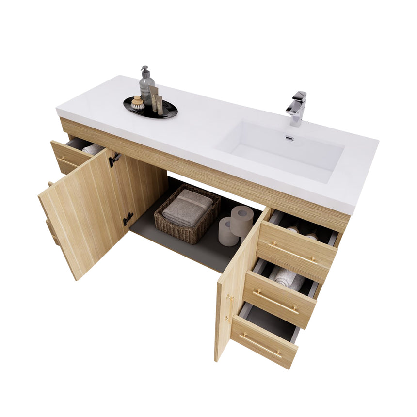 Bathroom with wooden vanity, sink, and decorative elements.