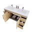 Bathroom vanity with open cabinet doors showing storage items on a white background