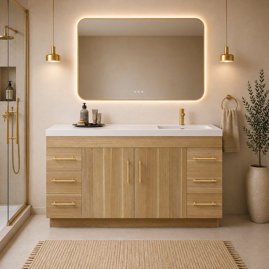Bathroom with wooden vanity, sink, and decorative elements.