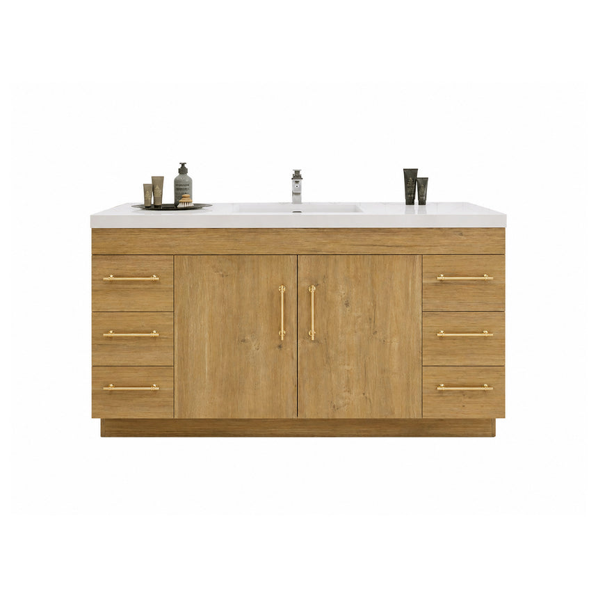 Bathroom with wooden vanity, sink, and decorative elements.