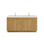 Wooden bathroom vanity with white countertop and gold fixtures on a white background