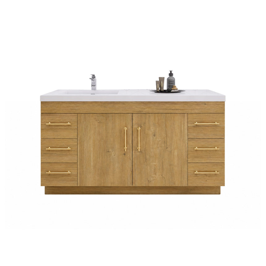 Bathroom with wooden vanity, sink, and decorative elements.