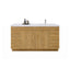 Wooden bathroom vanity with white countertop and gold fixtures on a white background
