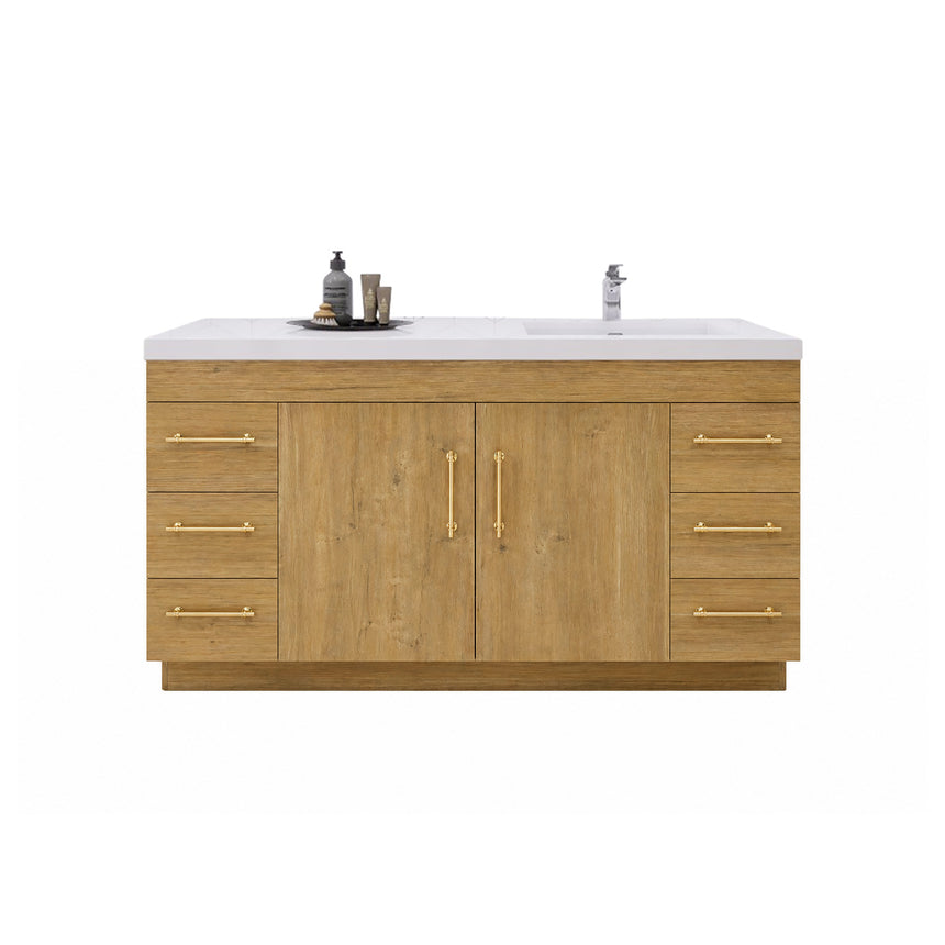 Bathroom with wooden vanity, sink, and decorative elements.