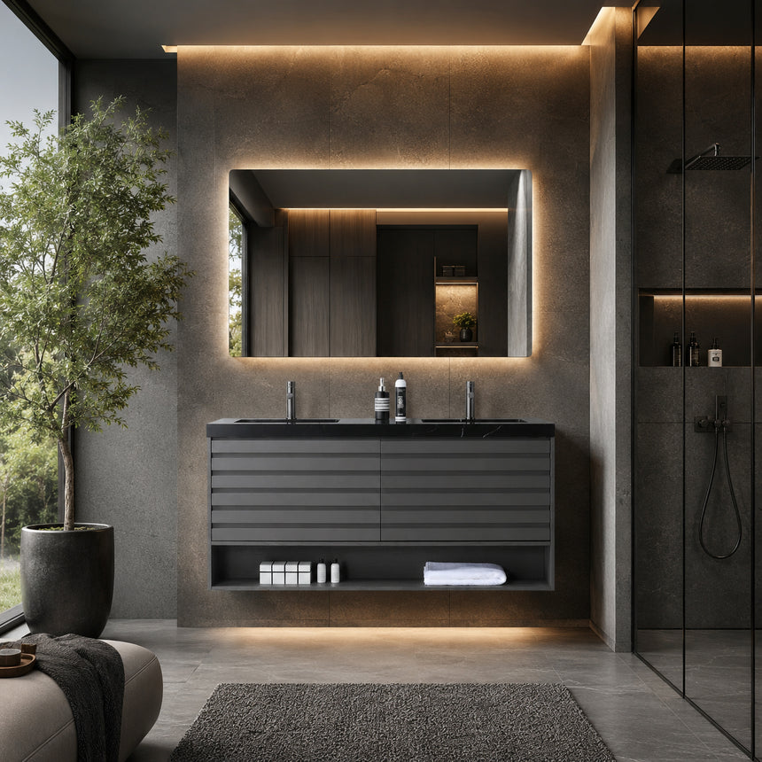 A modern floating bathroom vanity with a light oak wood finish, a white countertop, and an integrated sink, shown in a styled bathroom setting with a bathtub, shower glass, and decorative plants.