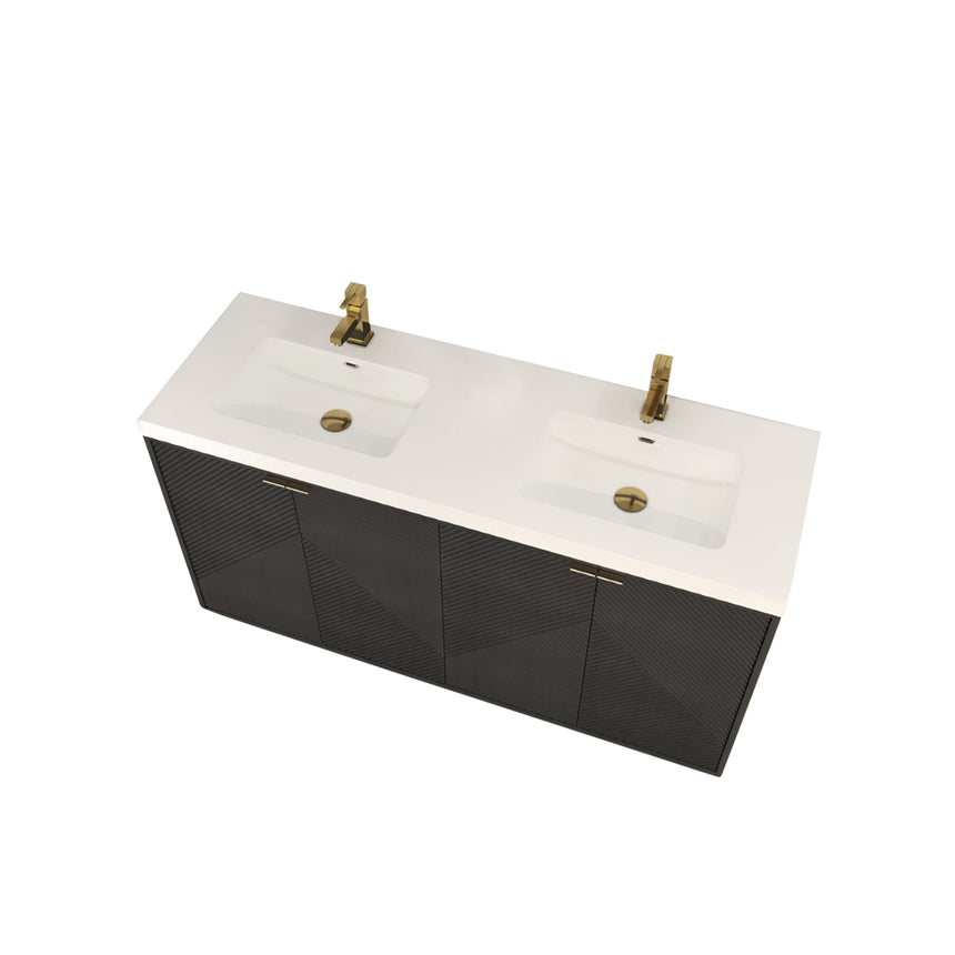 Bathroom vanity with wooden cabinets and decorative elements