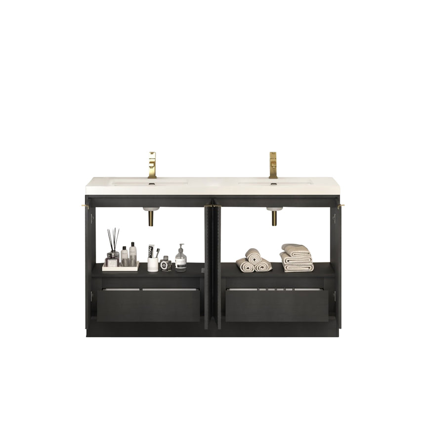 Bathroom vanity with wooden cabinets and decorative elements