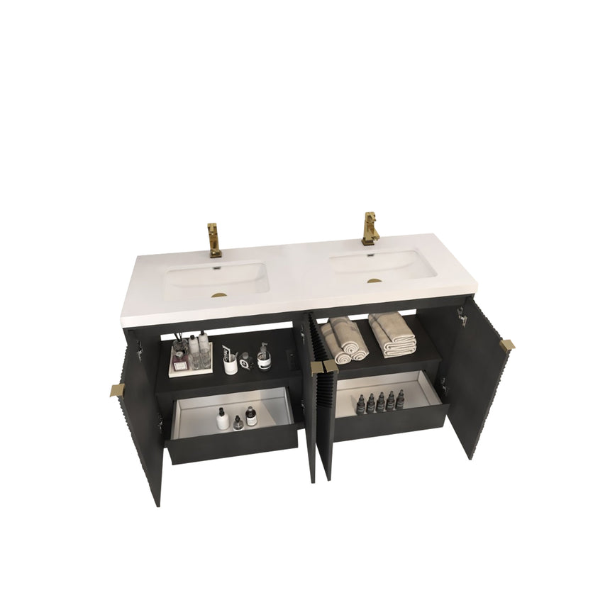 Bathroom vanity with wooden cabinets and decorative elements