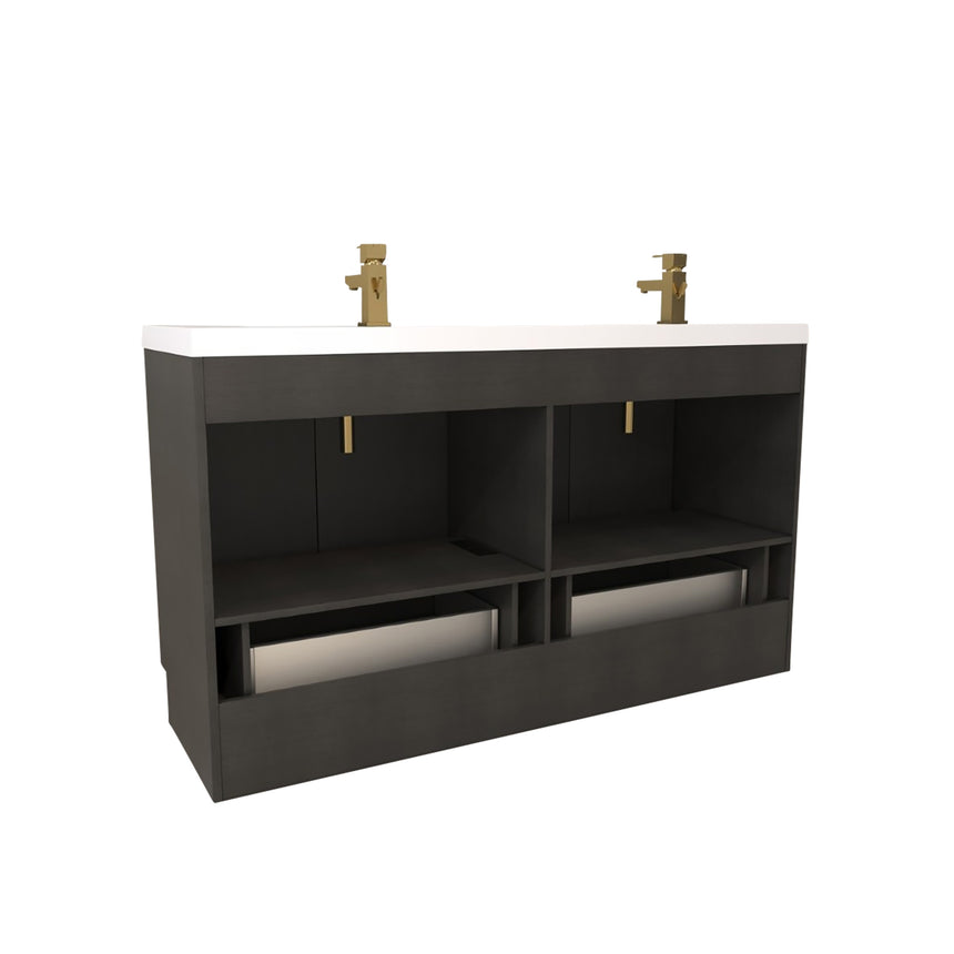 Bathroom vanity with wooden cabinets and decorative elements