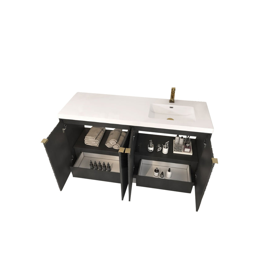 Bathroom vanity with wooden cabinets and decorative elements