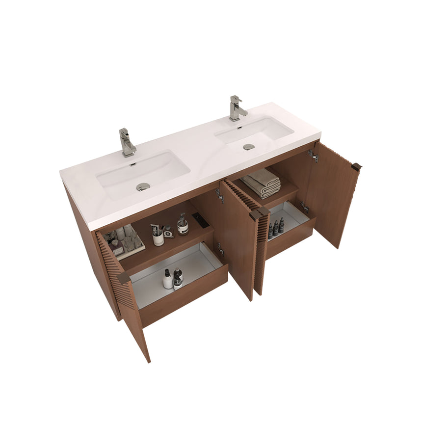 Bathroom vanity with wooden cabinets and decorative elements