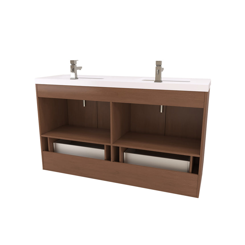 Bathroom vanity with wooden cabinets and decorative elements
