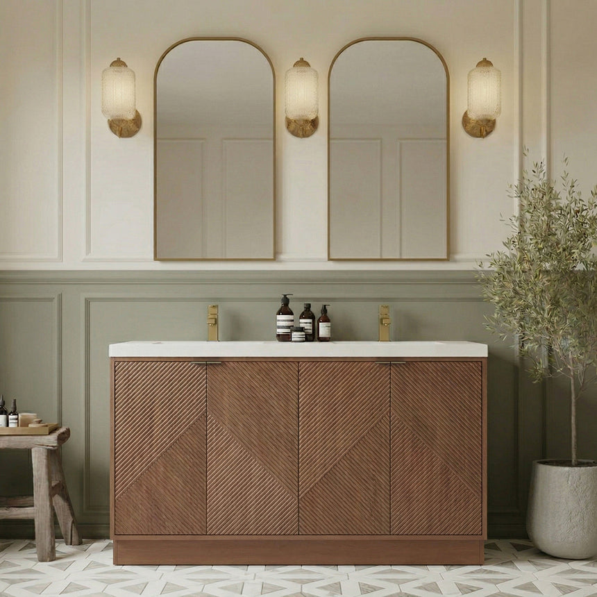 Bathroom vanity with wooden cabinets and decorative elements