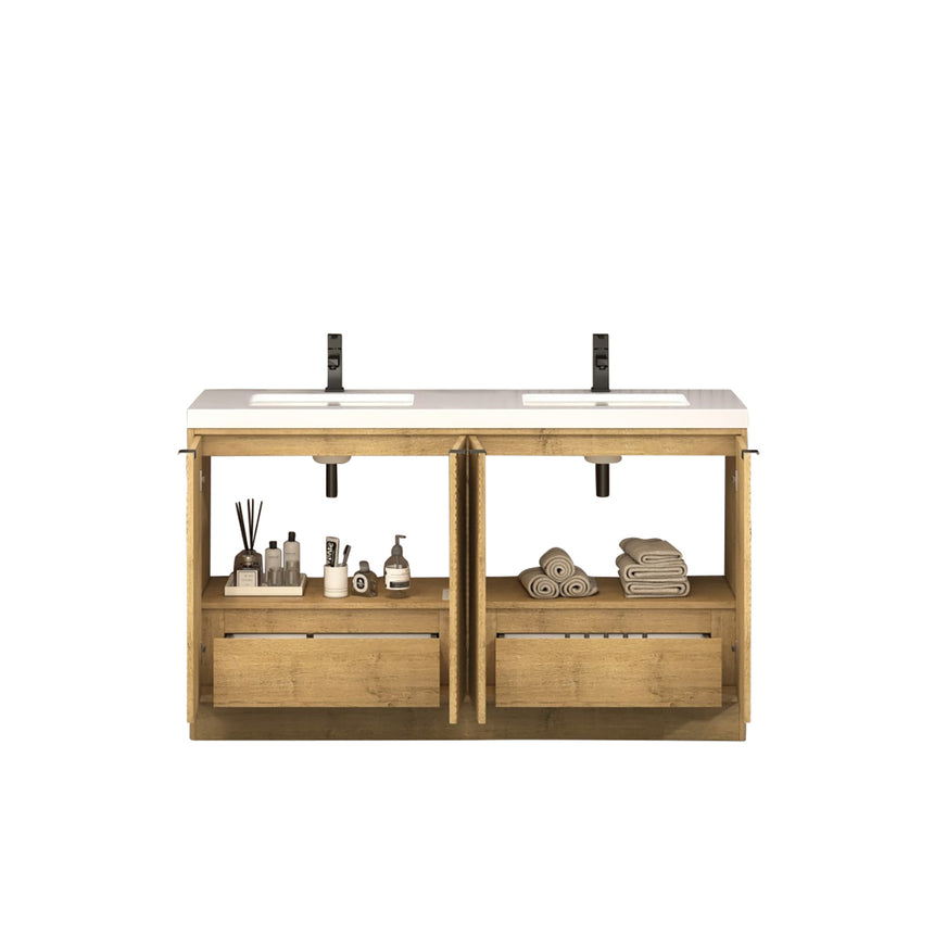 Bathroom vanity with wooden cabinets and decorative elements