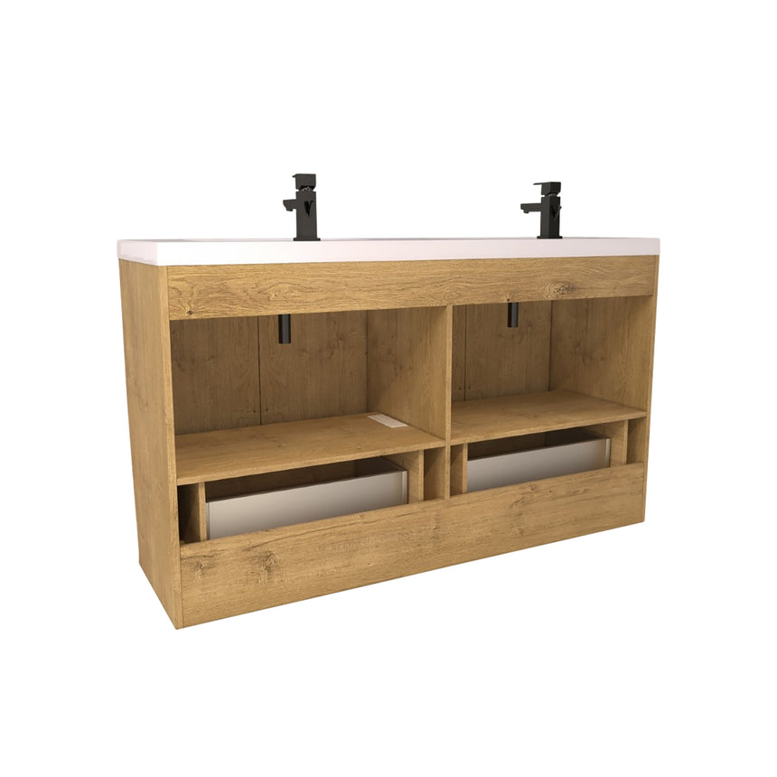 Bathroom vanity with wooden cabinets and decorative elements