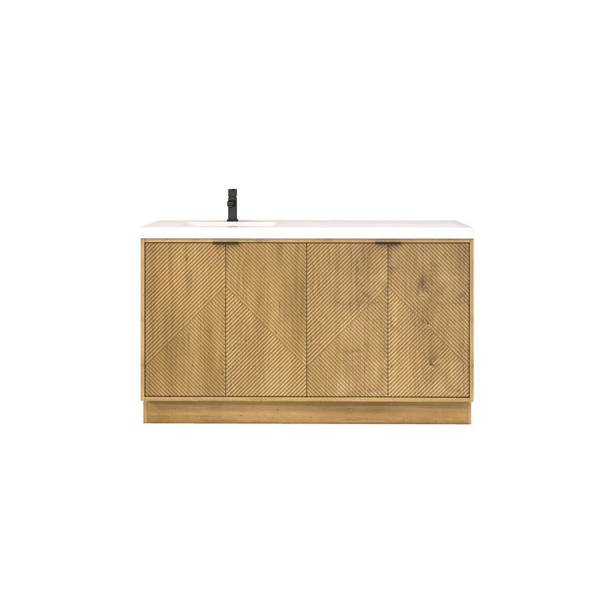 Bathroom vanity with wooden cabinets and decorative elements