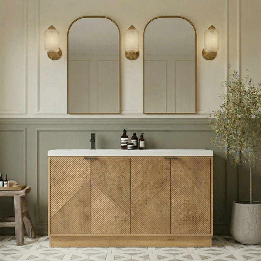Bathroom vanity with wooden cabinets and decorative elements