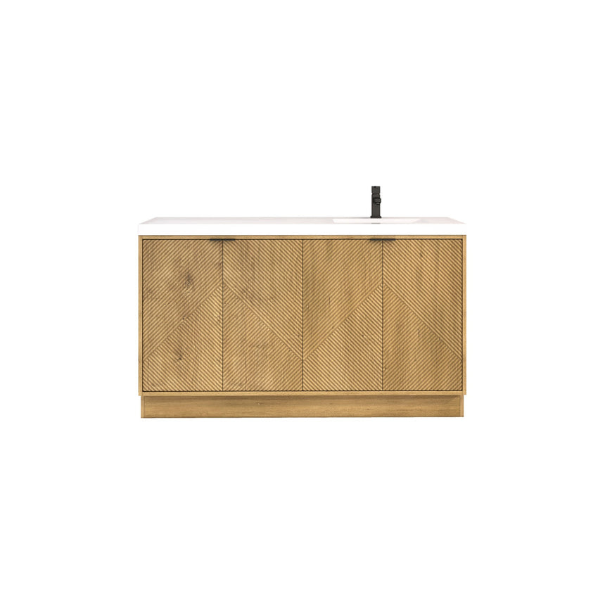 Bathroom vanity with wooden cabinets and decorative elements