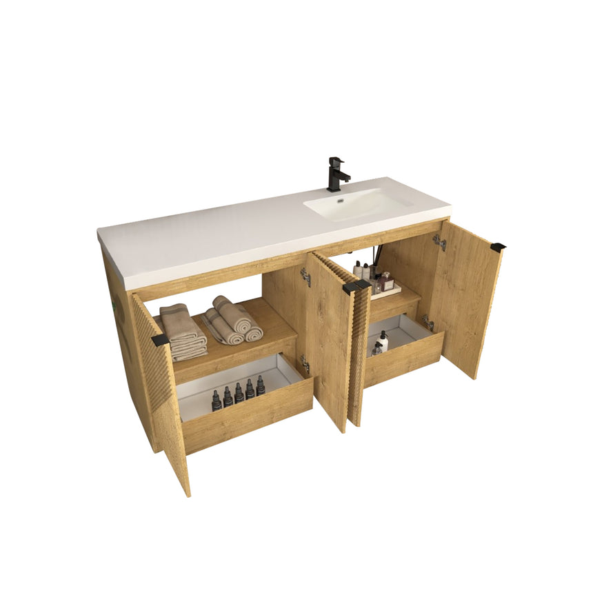 Bathroom vanity with wooden cabinets and decorative elements