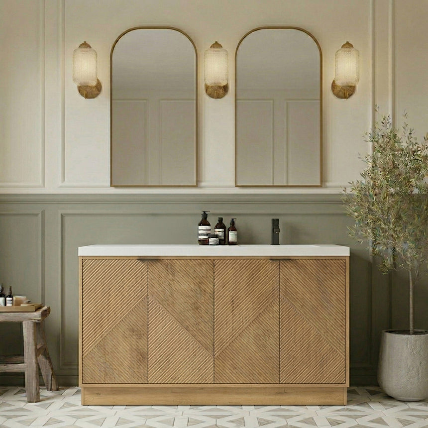Bathroom vanity with wooden cabinets and decorative elements