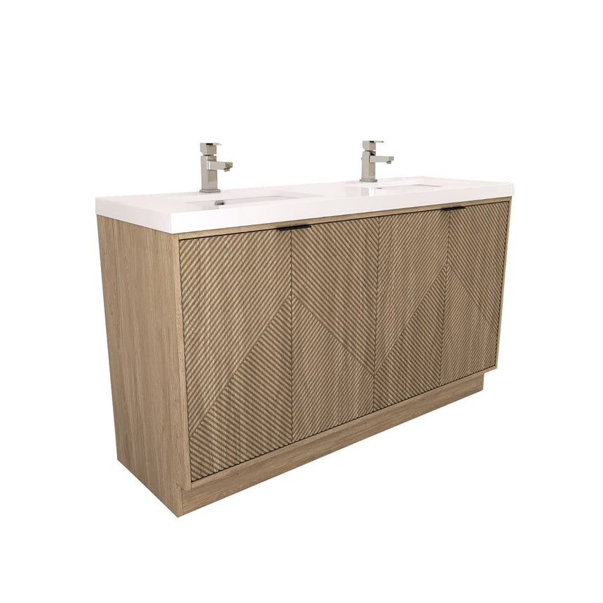 Bathroom vanity with wooden cabinets and decorative elements