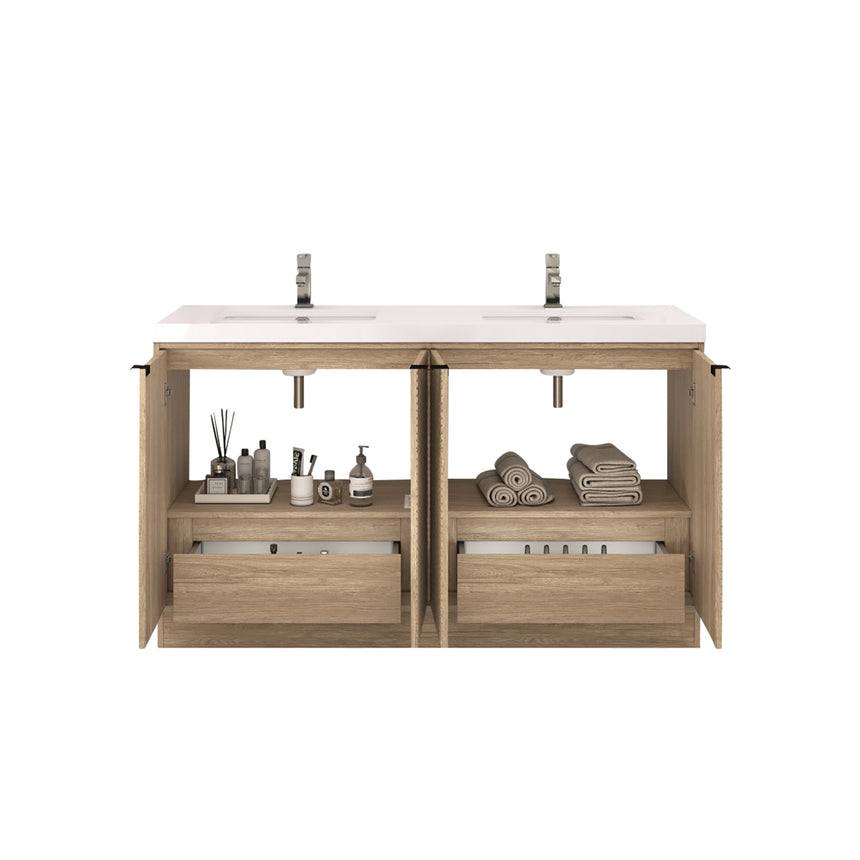 Bathroom vanity with wooden cabinets and decorative elements