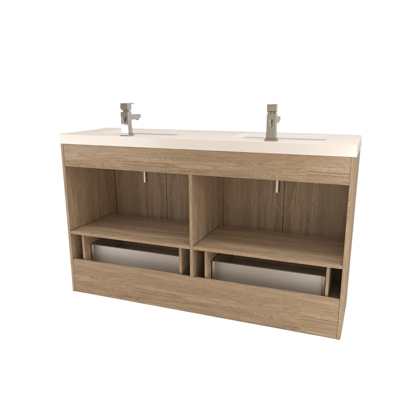 Bathroom vanity with wooden cabinets and decorative elements