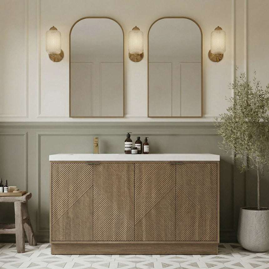 Bathroom vanity with wooden cabinets and decorative elements