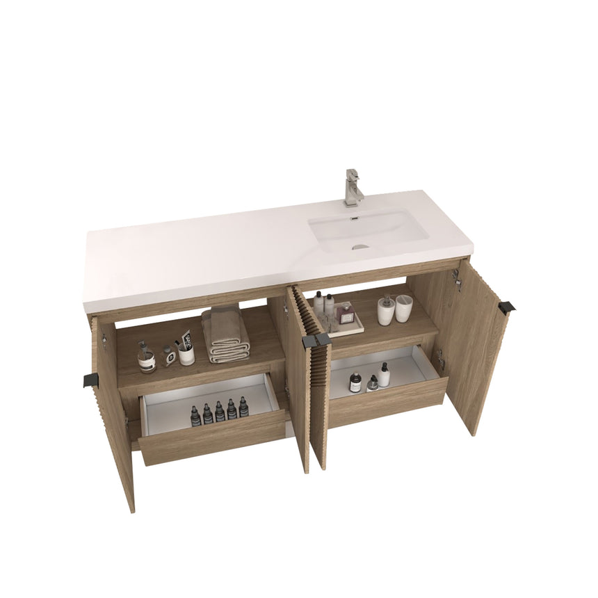 Bathroom vanity with wooden cabinets and decorative elements