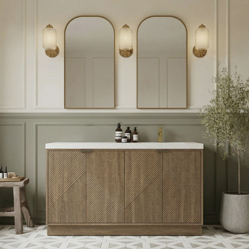 Bathroom vanity with wooden cabinets and decorative elements