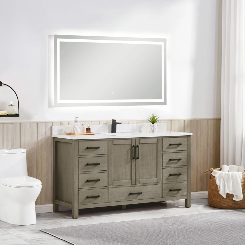 Bathroom vanity with wooden cabinets and white countertop, featuring a toilet and towel on the side.