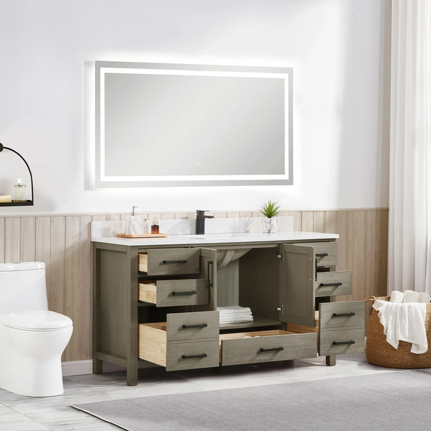 Bathroom vanity with wooden cabinets and white countertop, featuring a toilet and towel on the side.