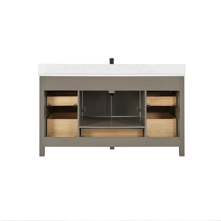 Bathroom vanity with wooden cabinets and white countertop, featuring a toilet and towel on the side.