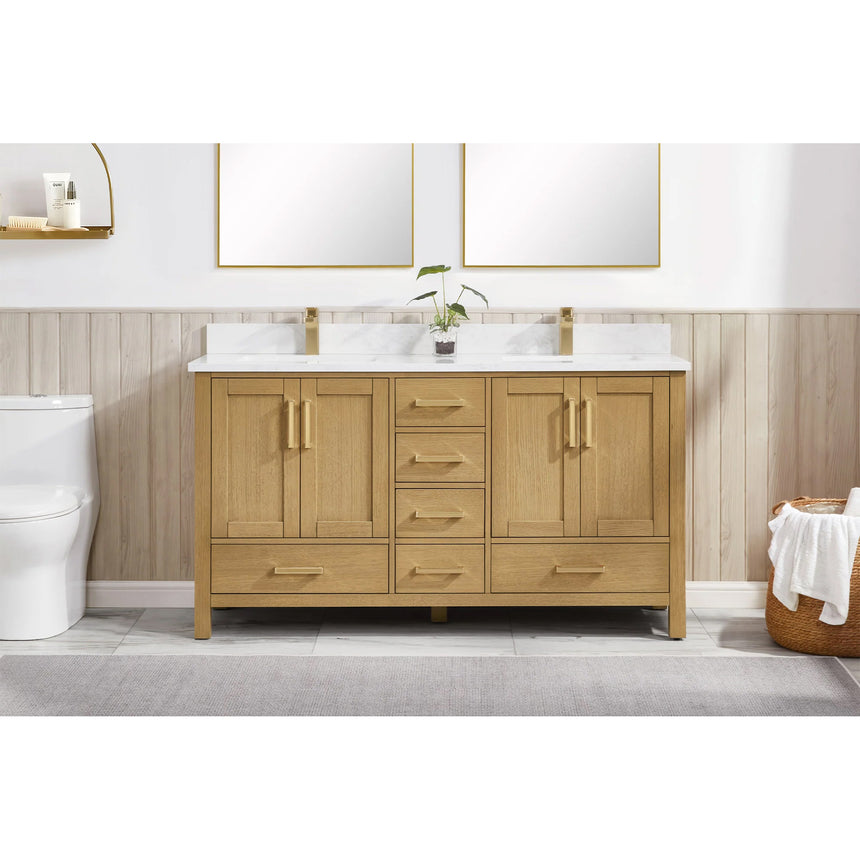 Bathroom vanity with wooden cabinets and white countertop, featuring a toilet and towel on the side.