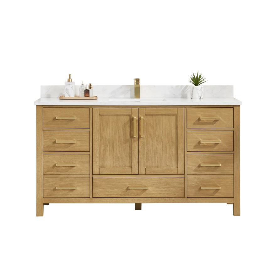 Bathroom vanity with wooden cabinets and white countertop, featuring a toilet and towel on the side.