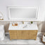 Bathroom vanity with wooden cabinet, white countertop, and illuminated mirror.