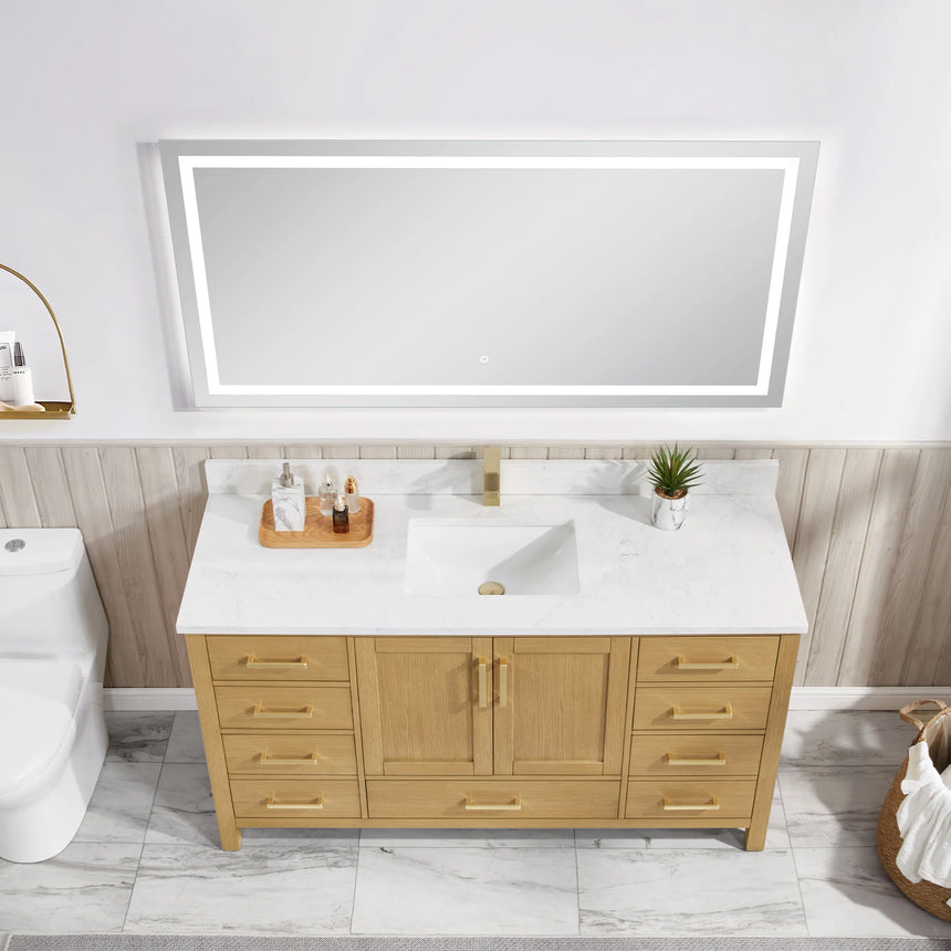 Bathroom vanity with wooden cabinets and white countertop, featuring a toilet and towel on the side.