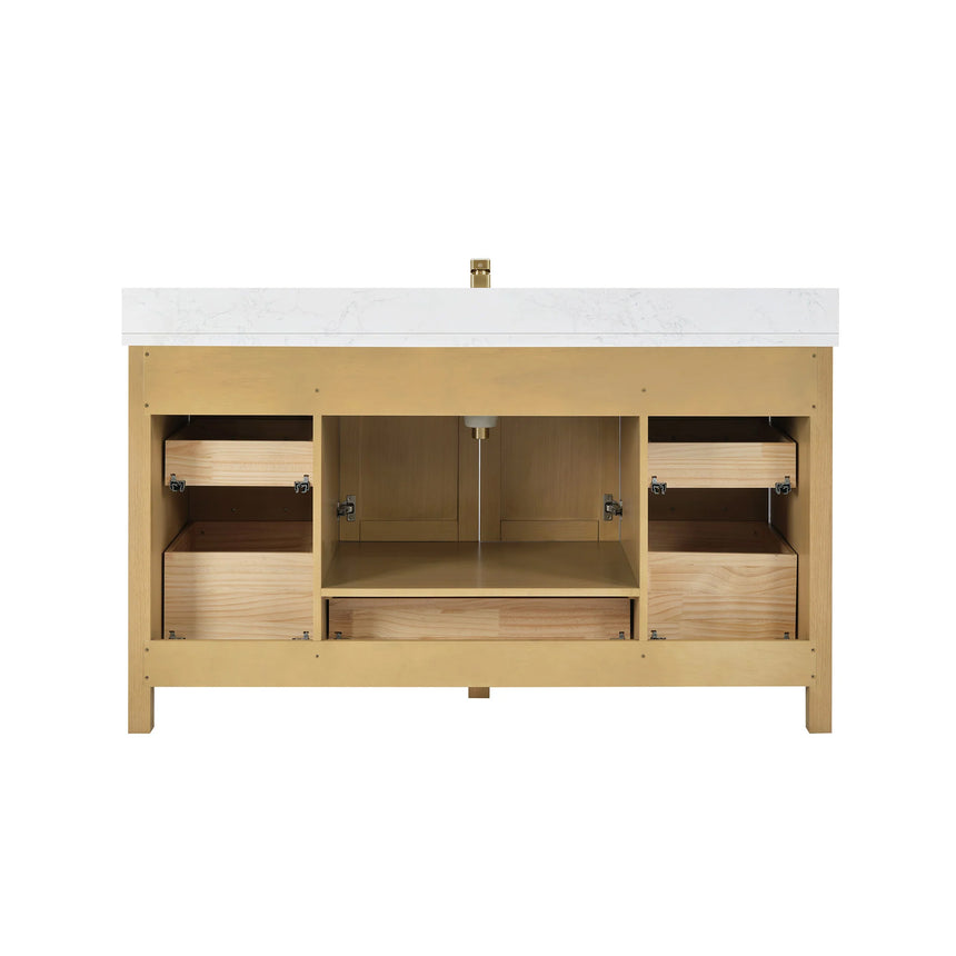Bathroom vanity with wooden cabinets and white countertop, featuring a toilet and towel on the side.