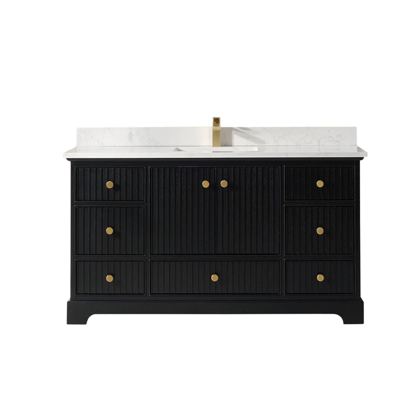 Bathroom vanity with wooden cabinet and white countertop in a bathroom setting.